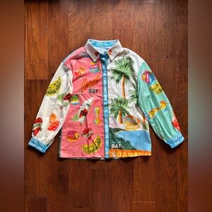 Summer Paradise Tropical Print Linen Blend Button Up Shirt | Oversized S